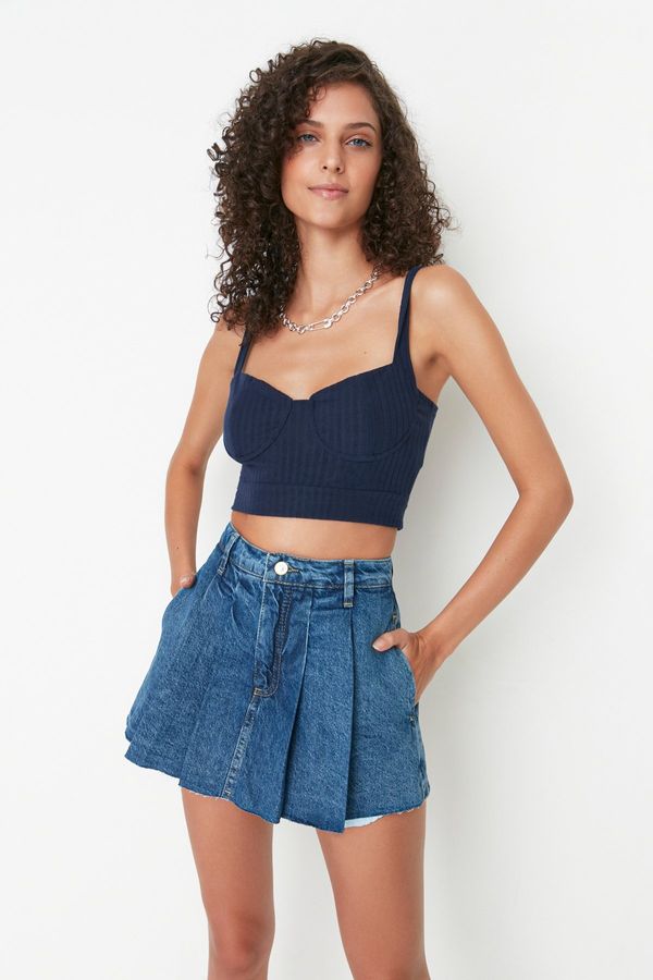 Trendyol Trendyol Blue Pleated Normal Waist Denim Shorts Skirt