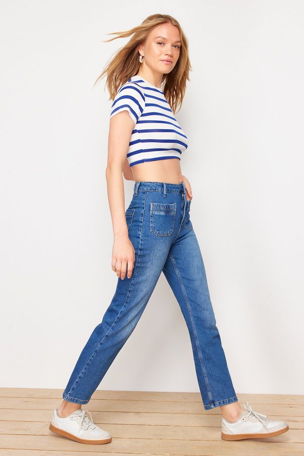 Trendyol Trendyol Blue Pocket Detailed High Waist Straight Jeans