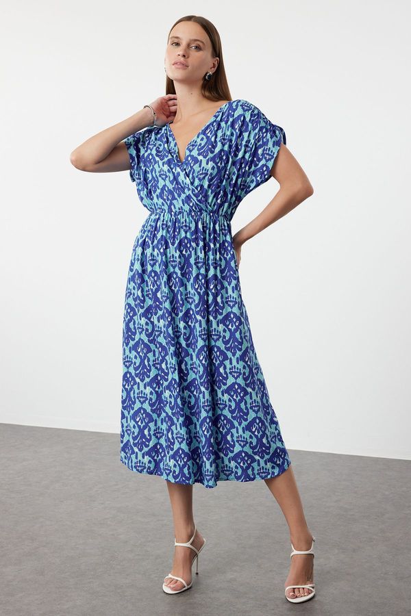 Trendyol Trendyol Blue Printed A-Line Double Breasted Collar Woven Dress