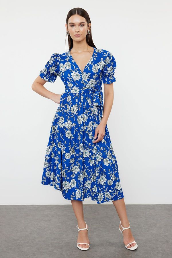 Trendyol Trendyol Blue Printed Belted Double Breasted Ruffle Skirt Knit Dress