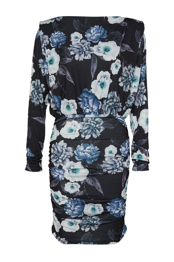 Trendyol Trendyol Blue Printed Mini, Stretchy Knit Dress with Padded Draping Fitted/Sleek