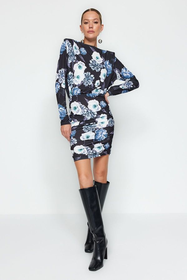 Trendyol Trendyol Blue Printed Padded Draped Fitted Mini Stretch Knitted Dress