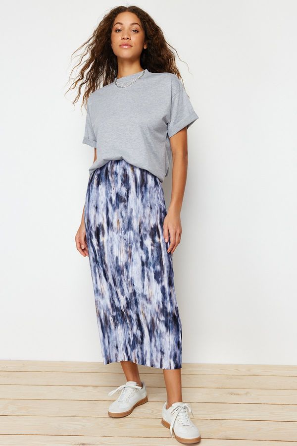 Trendyol Trendyol Blue Printed Pleat Maxi Knitted Skirt