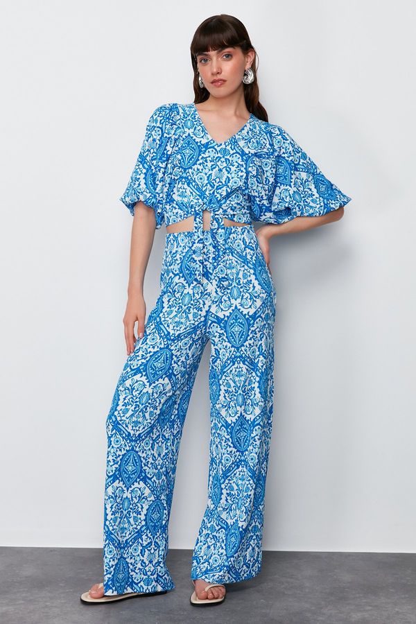 Trendyol Trendyol Blue Printed V-Neck Balloon Sleeve Relaxed/Comfortable Cut Textured Flexible Knitted Bottom-Top Suit