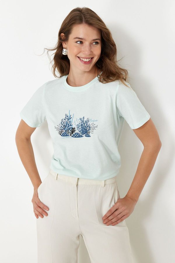 Trendyol Trendyol Blue Regular/Normal Pattern Stone Embroidered Knitted T-Shirt