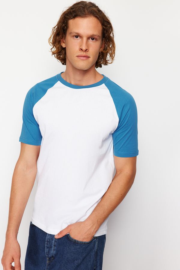 Trendyol Trendyol Blue Regular/Regular Fit Black Sleeve Paneled 100% Cotton Short Sleeve T-Shirt