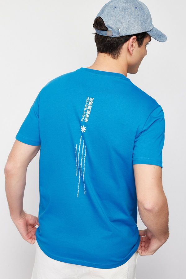 Trendyol Trendyol Blue Regular/Regular Fit Text Printed Embroidery 100% Cotton Short Sleeve T-Shirt