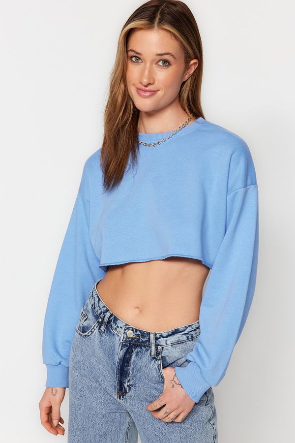 Trendyol Trendyol Blue Relaxed Cut Crop Thick Crew Neck Knitted Sweatshirt