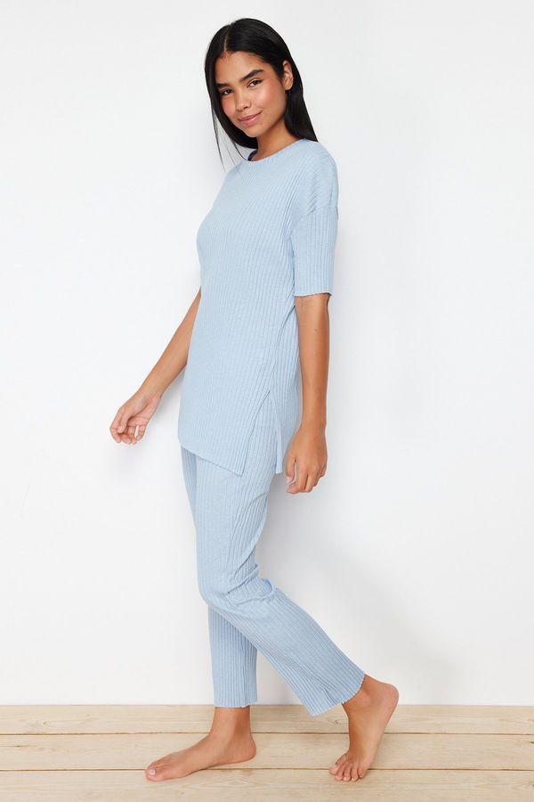 Trendyol Trendyol Blue Ribbed Slit Detailed Knitted Pajama Set