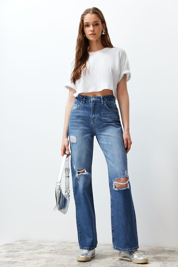 Trendyol Trendyol Blue Ripped High Waist Wide Leg Jeans