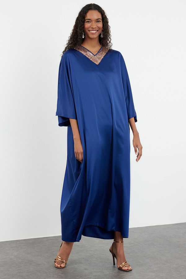 Trendyol Trendyol Blue Satin Sequin Detailed Woven Evening Dress Kaftan