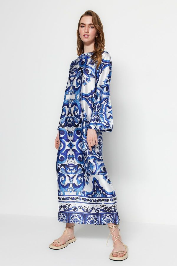 Trendyol Trendyol Blue Satin Surface Ethnic Patterned Evening Dress