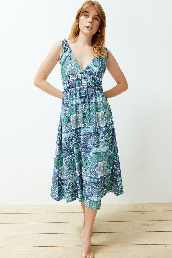 Trendyol Trendyol Blue Shawl Pattern Strappy Sweetheart Neckline Paisley Patterned Maxi Knitted Dress