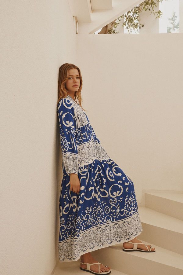 Trendyol Trendyol Blue Shawl Patterned Button Detailed Woven Dress