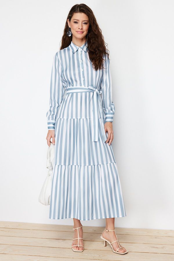 Trendyol Trendyol Blue Shirt Collar Striped Belted Woven Dress