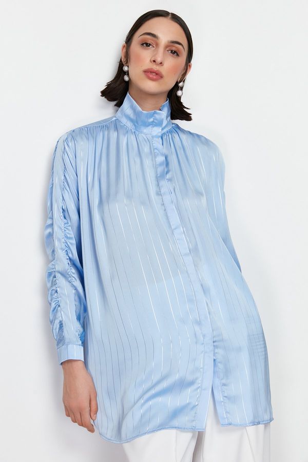 Trendyol Trendyol Blue Silvery Striped Sleeve Gathered Woven Shirt