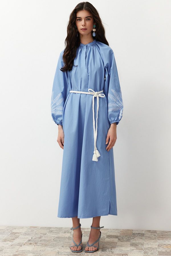 Trendyol Trendyol Blue Sleeve Embroidered / Embroidered Balloon Sleeve Woven Dress