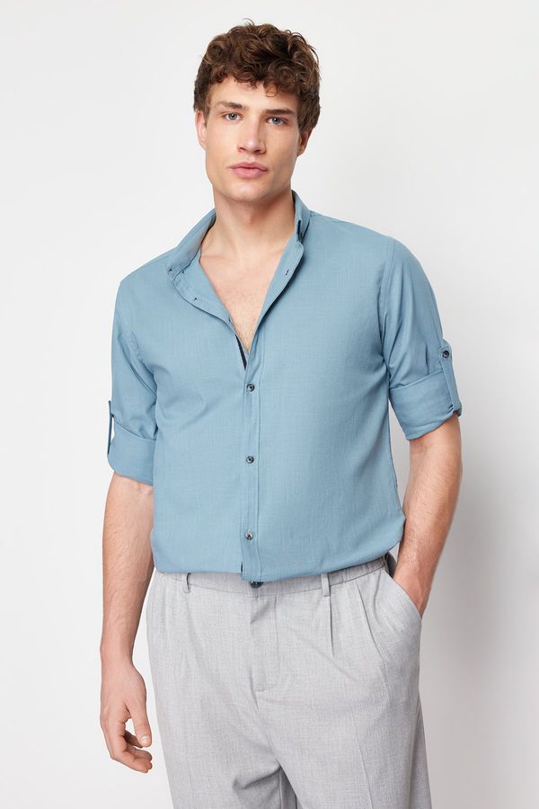 Trendyol Trendyol Blue Slim Fit Buttoned Collar Epaulette 100% Cotton Shirt