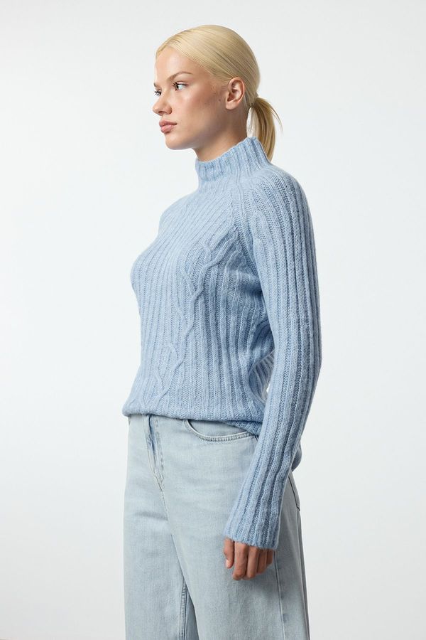 Trendyol Trendyol Blue Soft Textured Knit Detailed Stand Collar Seamless Knitwear Sweater