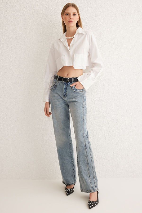 Trendyol Trendyol Blue Stitch Detail Normal Waist Wide Leg Jeans