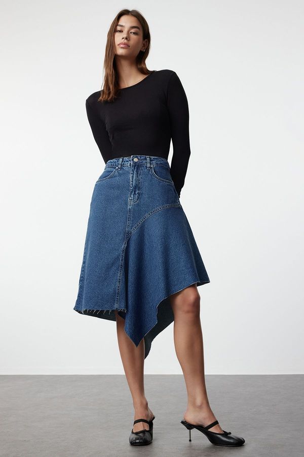 Trendyol Trendyol Blue Stitching Detailed Asymmetrical High Waist Midi Denim Skirt