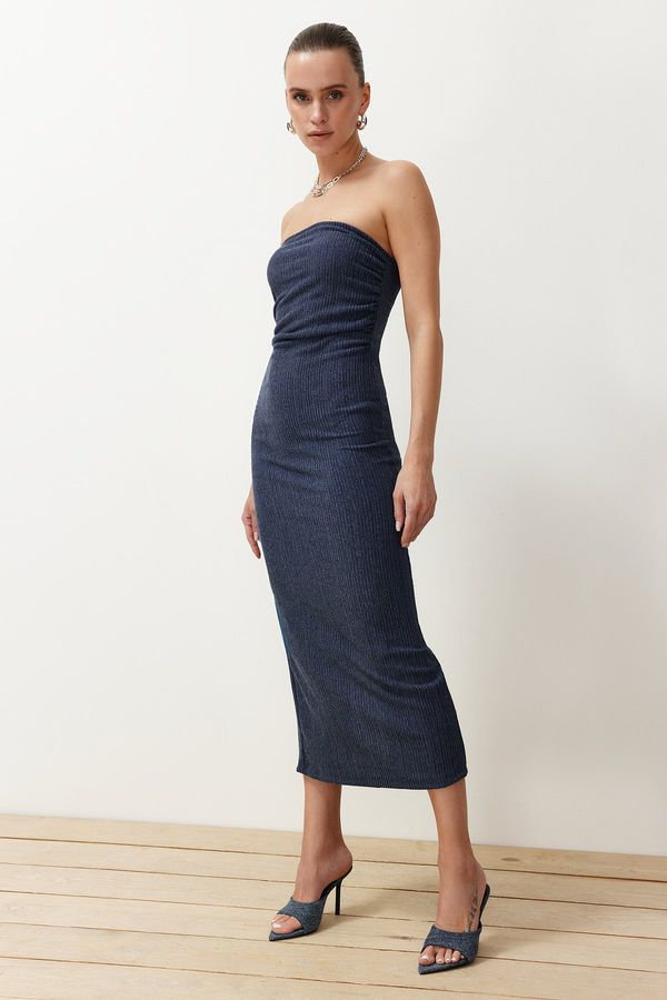 Trendyol Trendyol Blue Strapless Gathered Fitted Midi Flexible Knitted Pencil Dress