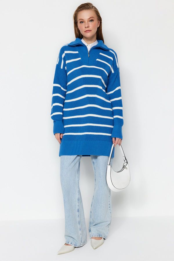 Trendyol Trendyol Blue Striped Collar Zippered Knitwear Sweater