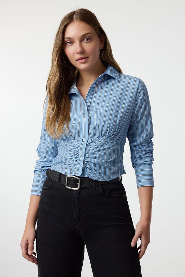 Trendyol Trendyol Blue Striped Front Gathered Fitted Waist Crop Woven Shirt