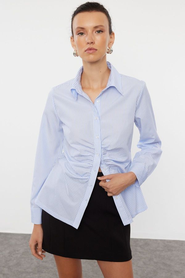 Trendyol Trendyol Blue Striped Gather Detailed Fitted Woven Shirt