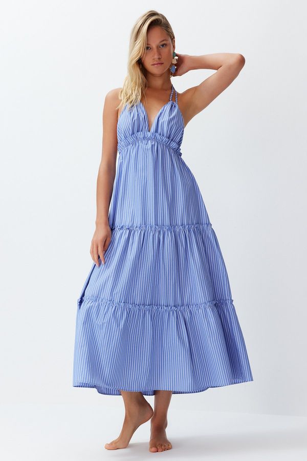 Trendyol Trendyol Blue Striped Maxi Woven Ruffled Beach Dress