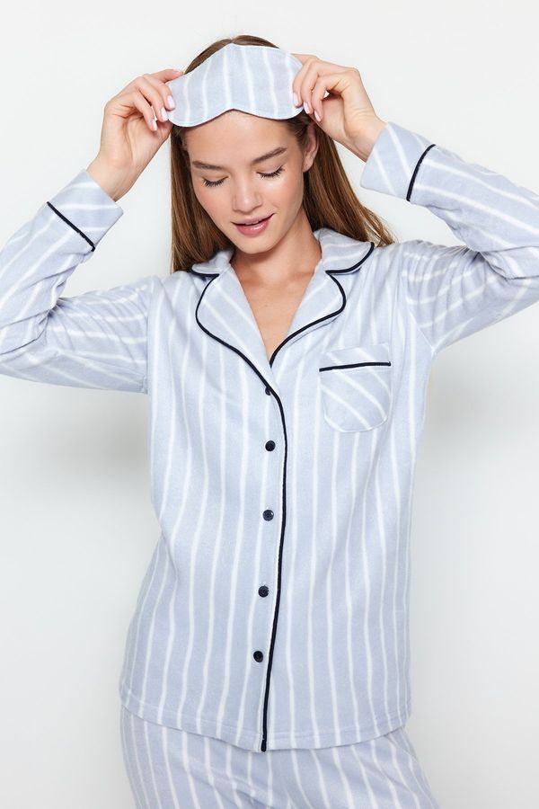 Trendyol Trendyol Blue Striped Piping Detailed Sleep Banded Fleece Winter Knitted Pajamas Set