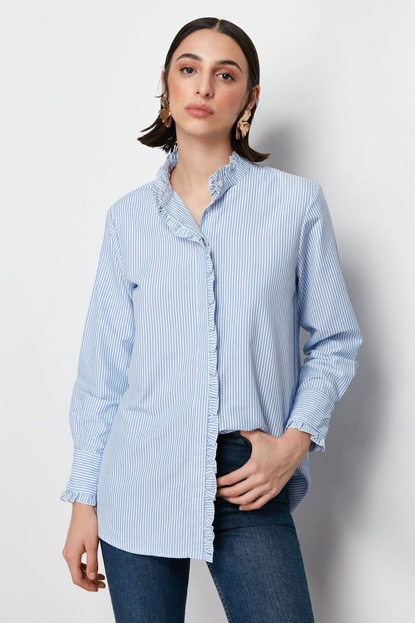 Trendyol Trendyol Blue Striped Woven Shirt with Ruffle Detail on Placket and Collar