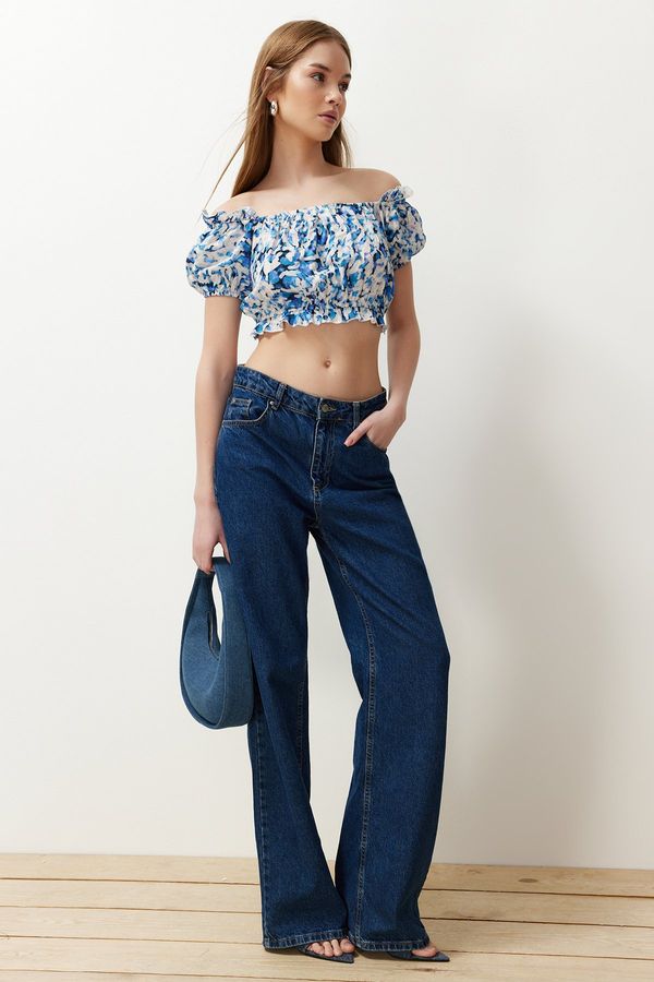 Trendyol Trendyol Blue Tie-dye Patterned Carmen Collar Crop Woven Blouse