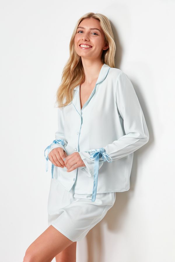 Trendyol Trendyol Blue Tie/Bow and Piping Detailed Viscose Woven Pajama Set