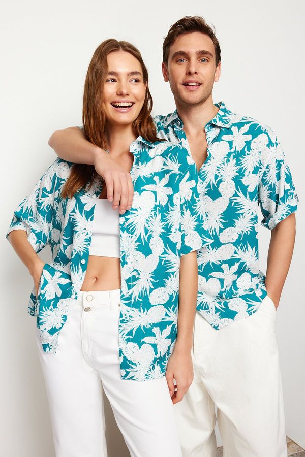 Trendyol Trendyol Blue Unisex Oversize Fit Pineapple Printed 100% Viscose Short Sleeve Casual Summer Shirt