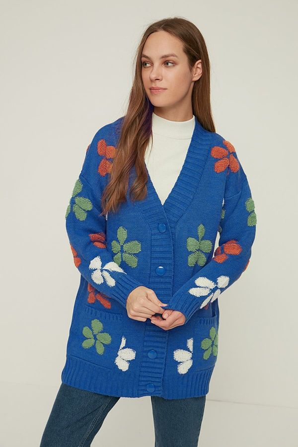 Trendyol Trendyol Blue V-Neck Floral Embroidered Knitwear Cardigan