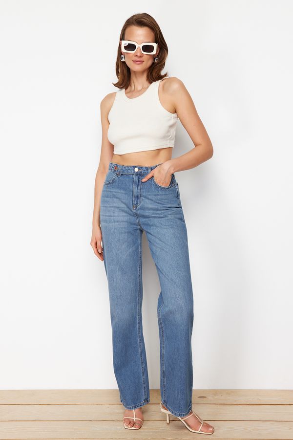 Trendyol Trendyol Blue Waist Detailed High Waist Wide Leg Jeans