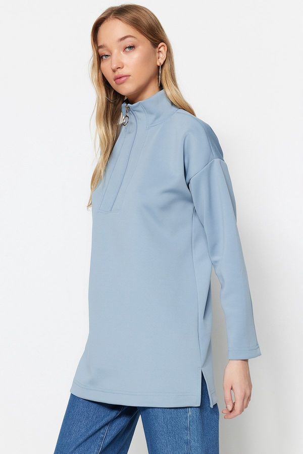 Trendyol Trendyol Blue Zipper Detail Diver/Scuba Plain Knit Sweatshirt