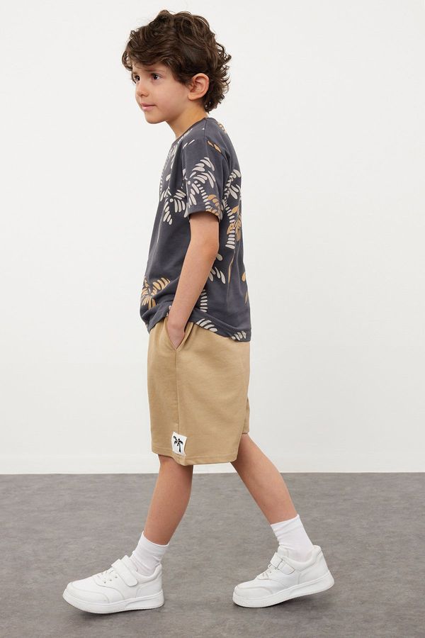 Trendyol Trendyol Boy Anthracite Palm Patterned T-shirt-Shorts Cotton Knitted Bottom-Top Set