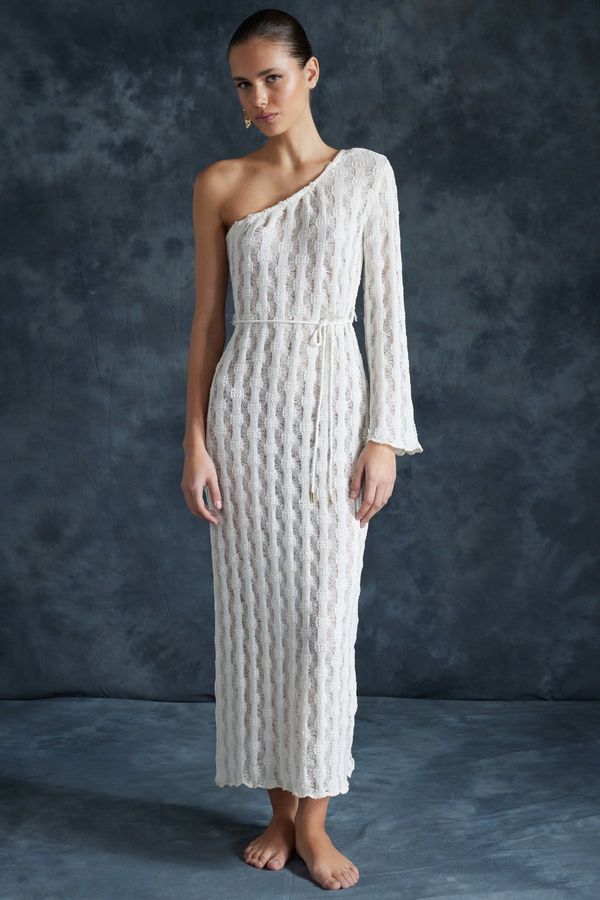 Trendyol Trendyol Bridal Beige Belted Fitted Maxi Knitted Knitwear Effect One-Shoulder Beach Dress