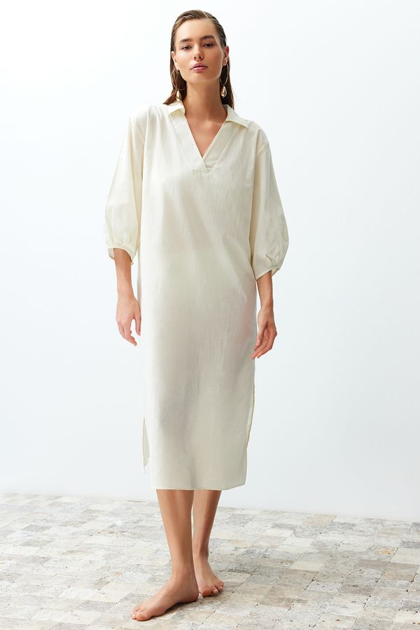 Trendyol Trendyol Bridal Ecru Wide Fit Midi Woven Balloon Sleeve 100% Cotton Beach Dress