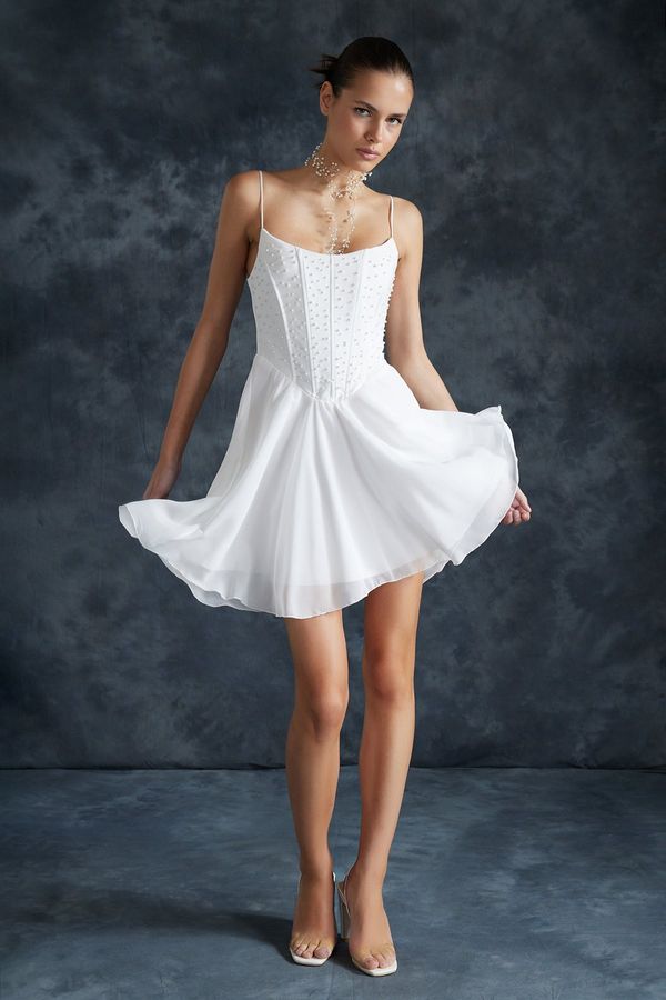 Trendyol Trendyol Bridal White Body-fitting Woven Lined Pearl Wedding/Wedding Elegant Evening Dress