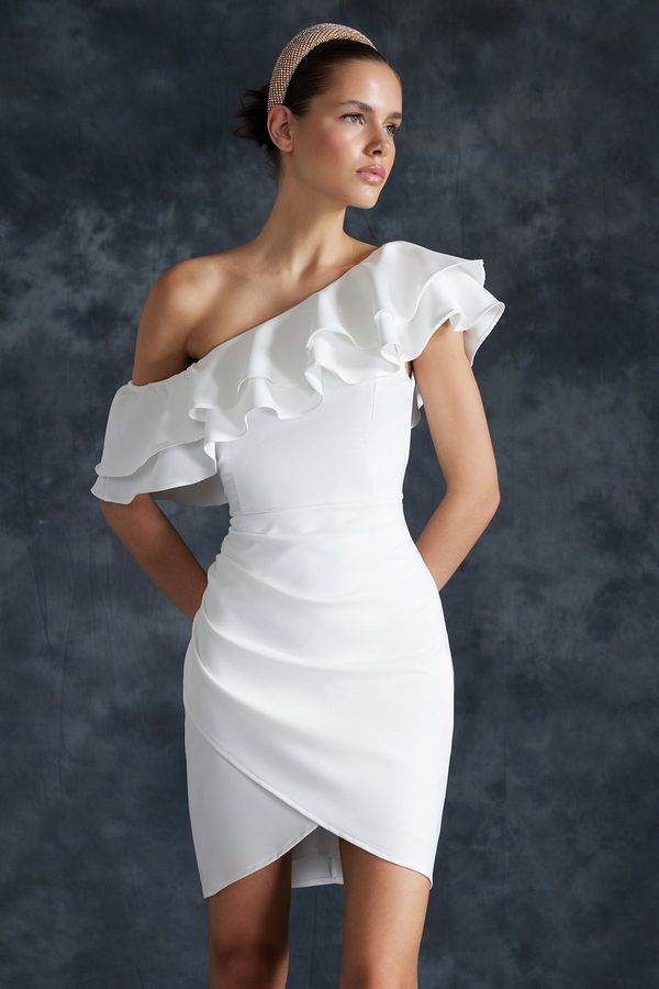 Trendyol Trendyol Bridal White Flounce Detailed Lined Woven Short Wedding/Wedding Elegant Evening Dress