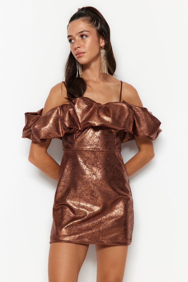 Trendyol Trendyol Bronze Fitted Knitted Textured Elegant Evening Dress