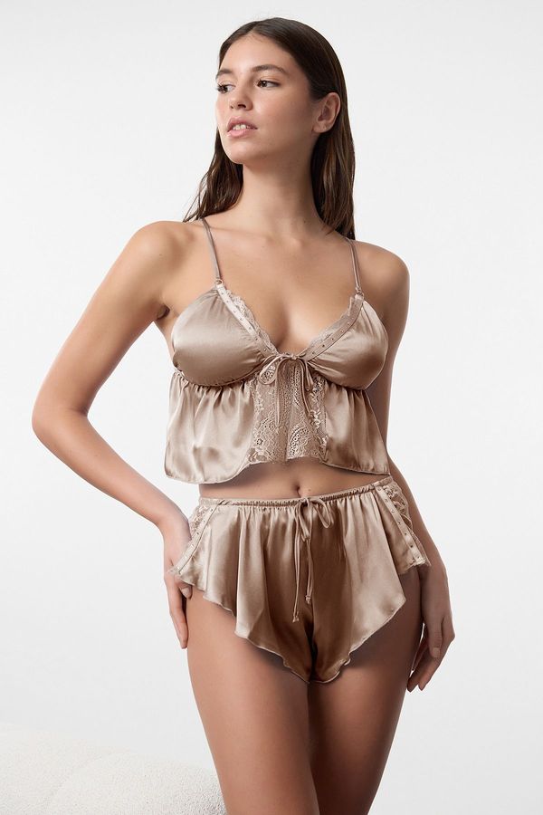 Trendyol Trendyol Bronze Satin Stone, Ribbon/Bow Detailed Uncovered Lingerie Set