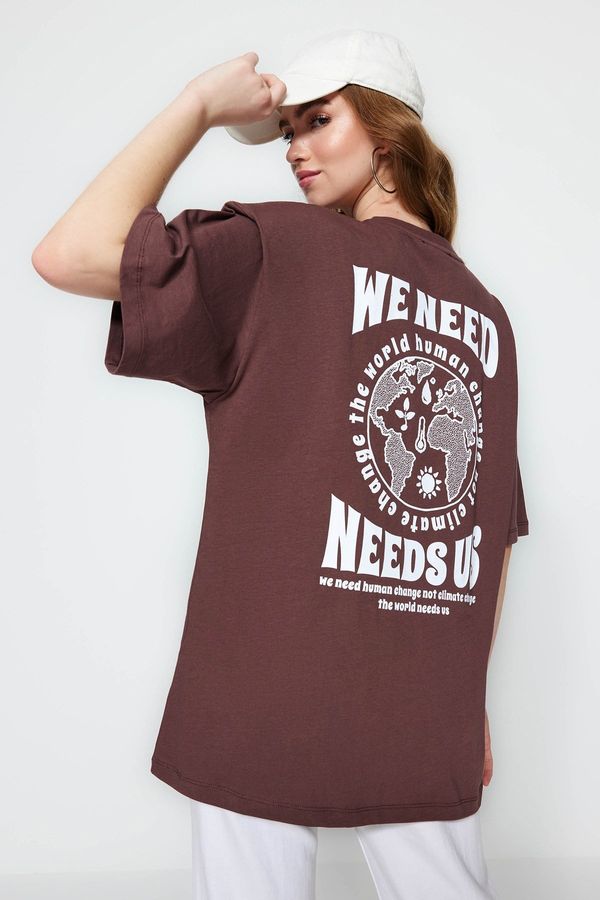 Trendyol Trendyol Brown 100% Cotton Front and Back Printed Oversized/Wide Fit Knitted T-Shirt