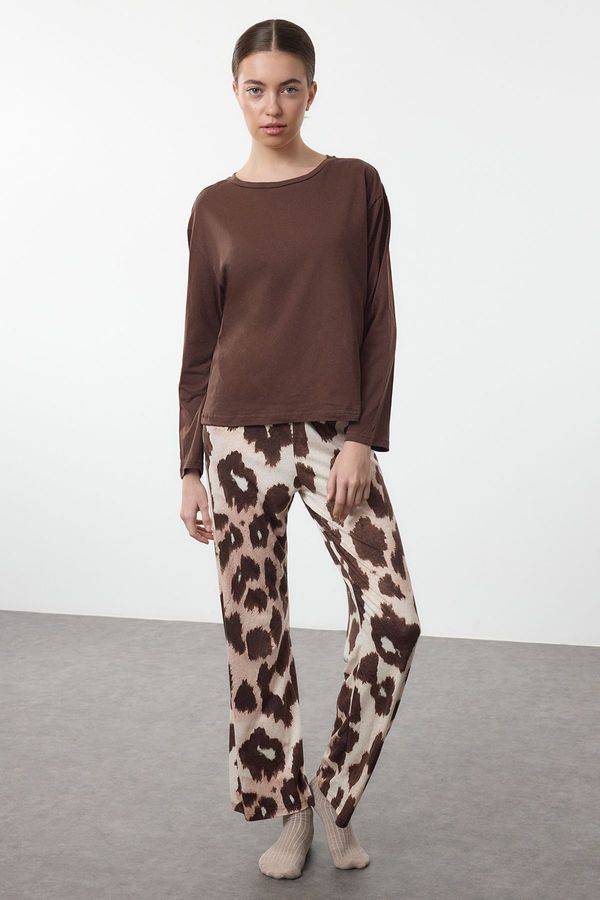 Trendyol Trendyol Brown 100% Cotton Leopard Print Knitted Pajamas Set