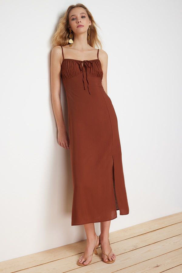 Trendyol Trendyol Brown A-Line Midi Woven Dress with Tie Detail on the Collar
