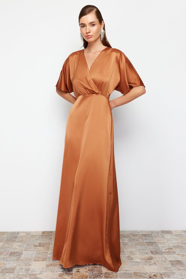 Trendyol Trendyol Brown A-Line Woven Satin Long Evening Evening Dress