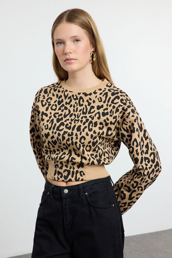 Trendyol Trendyol Brown Animal Leopard Patterned Regular/Normal Pattern Knitted Sweatshirt